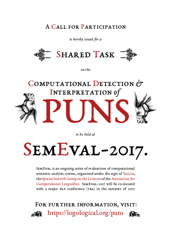 [A publicity poster/flyer for the SemEval-2017 shared task to detection and interpretation of English puns]